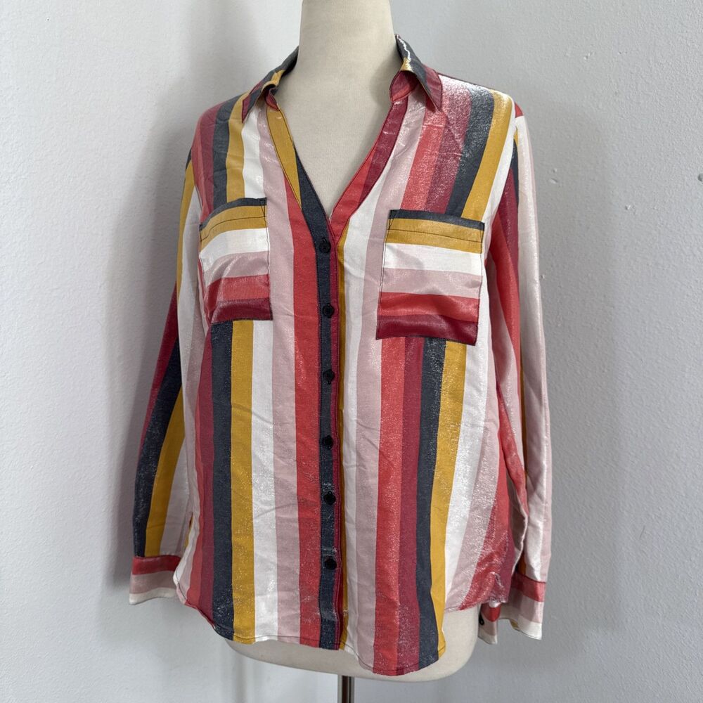 Express Shirt Womens M Slim Strips Button Down Blouse